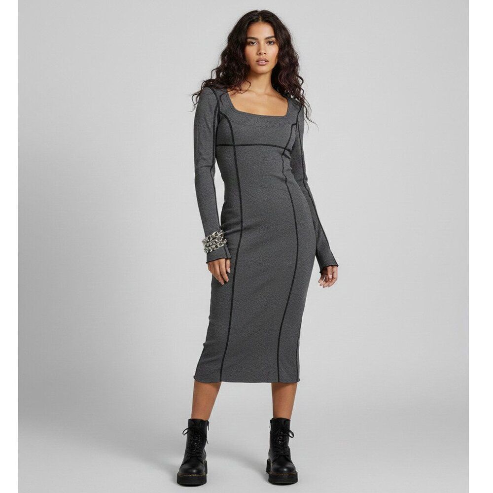 Dollskill Darker Wavs Ribbed Thermal Midi Dress Gray Size S- NWT
